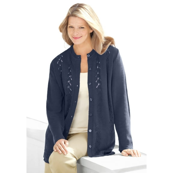Woman Within Plus Size Long-Sleeve Pointelle Cardigan Sweater
