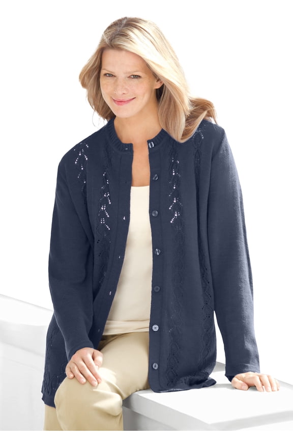 Plus Size Long-Sleeve Pointelle Cardigan Sweater