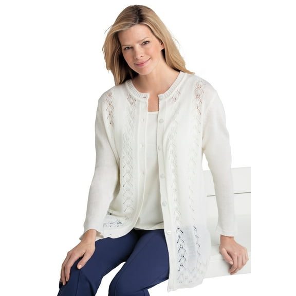 Woman Within Plus Size Long-Sleeve Pointelle Cardigan Sweater