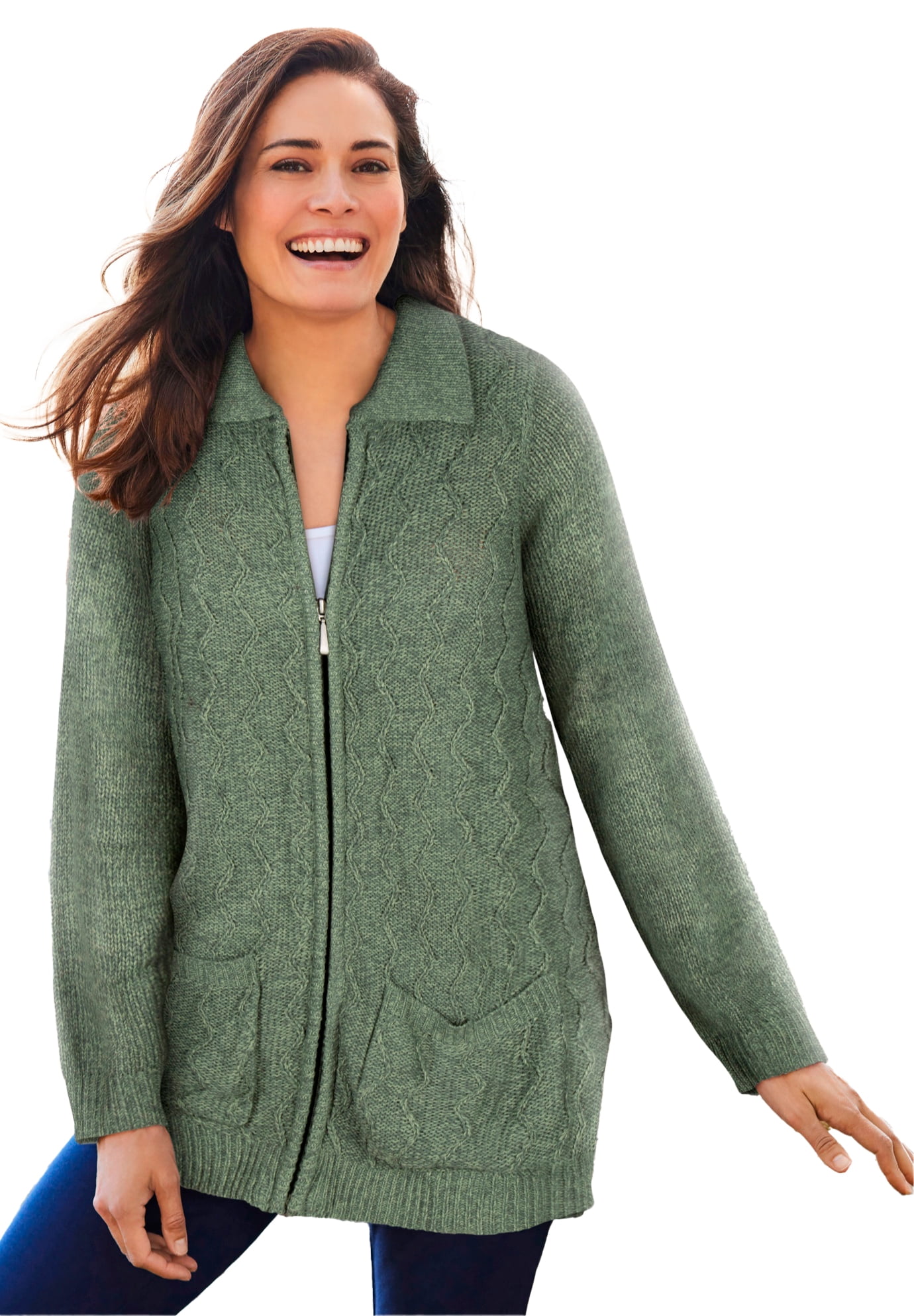 Woman Within Women's Plus Size Marled ZipFront Cable Knit Cardigan