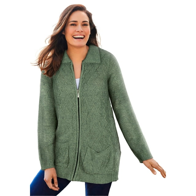 Woman Within Women's Plus Size Marled ZipFront Cable Knit Cardigan