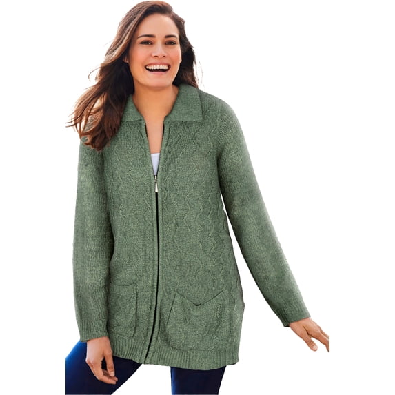 Woman Within Plus Size Marled Zip-Front Cable Knit Cardigan Sweater