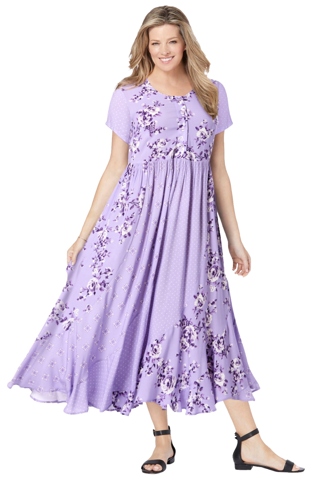 Woman Within Plus Size Mixed Print Maxi Dress - Lightweight Rayon, Empire Waist (48" Or 46" Length)
