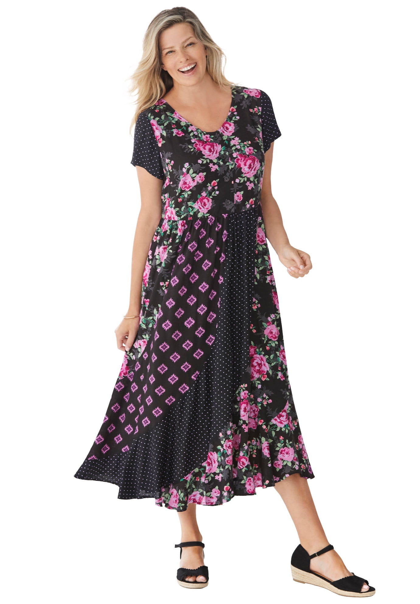 woman within maxi dresses Woman Within Petite Printed Short-Sleeve Crinkle Maxi Dress