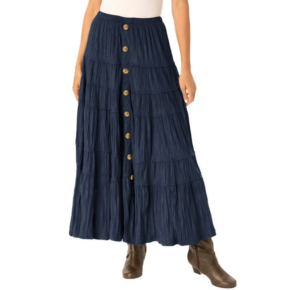 Woman Within Plus Size Button Front Moleskin Tiered Maxi Skirt (Petite Available)