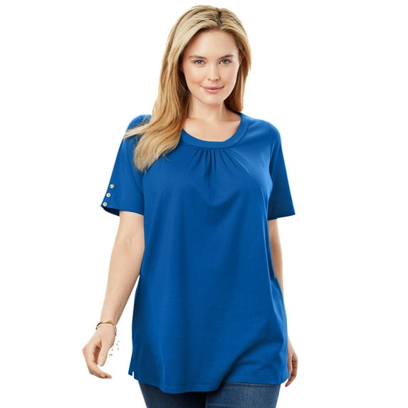 Woman Within Women's Plus Size Perfect Button-Sleeve Shirred Scoop-Neck Tee