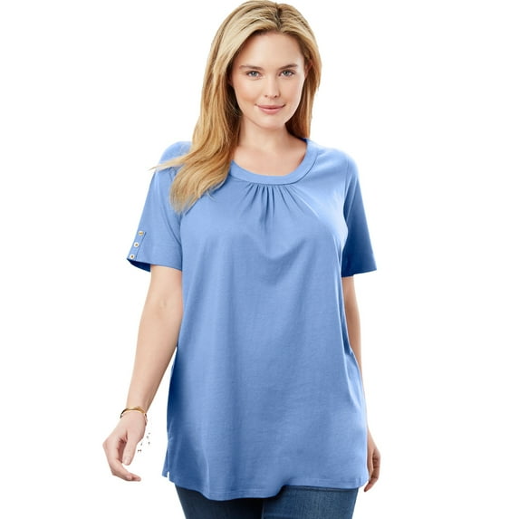 Woman Within Women's Plus Size Perfect Button-Sleeve Shirred Scoop-Neck Tee