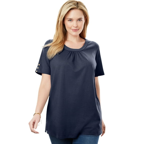 Woman Within Plus Size Perfect Button-Sleeve Shirred Scoop-Neck Tee