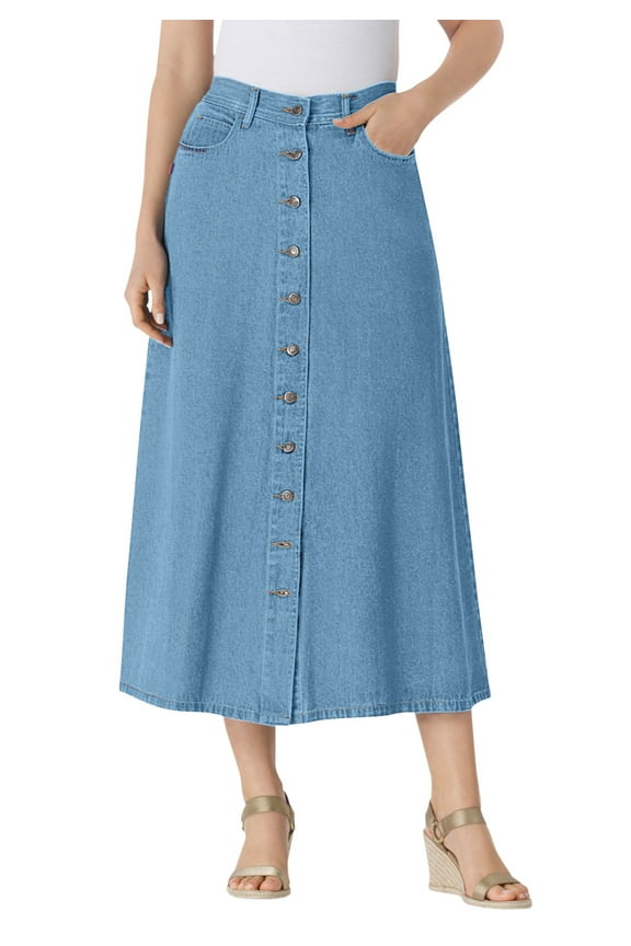 Plus Size Perfect Side-Elastic All-Cotton Button Front Denim Jeans Skirt