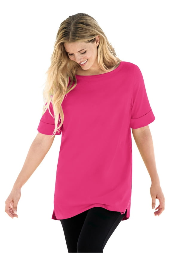 Plus Size Perfect Cuffed Elbow-Sleeve Boat-Neck Tee