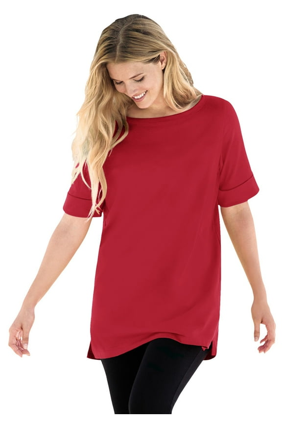 Plus Size Perfect Cuffed Elbow-Sleeve Boat-Neck Tee