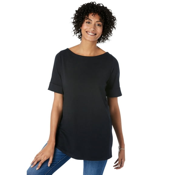 Woman Within Plus Size Perfect Cuffed Elbow-Sleeve Boat-Neck Tee