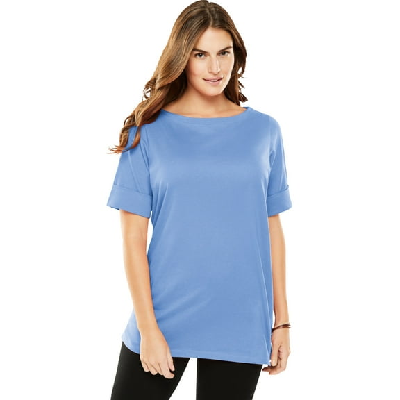 Woman Within Plus Size Perfect Cuffed Elbow-Sleeve Boat-Neck Tee