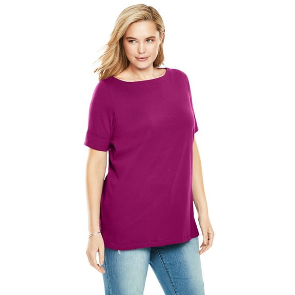 Woman Within Plus Size Perfect Cuffed Elbow-Sleeve Boat-Neck Tee
