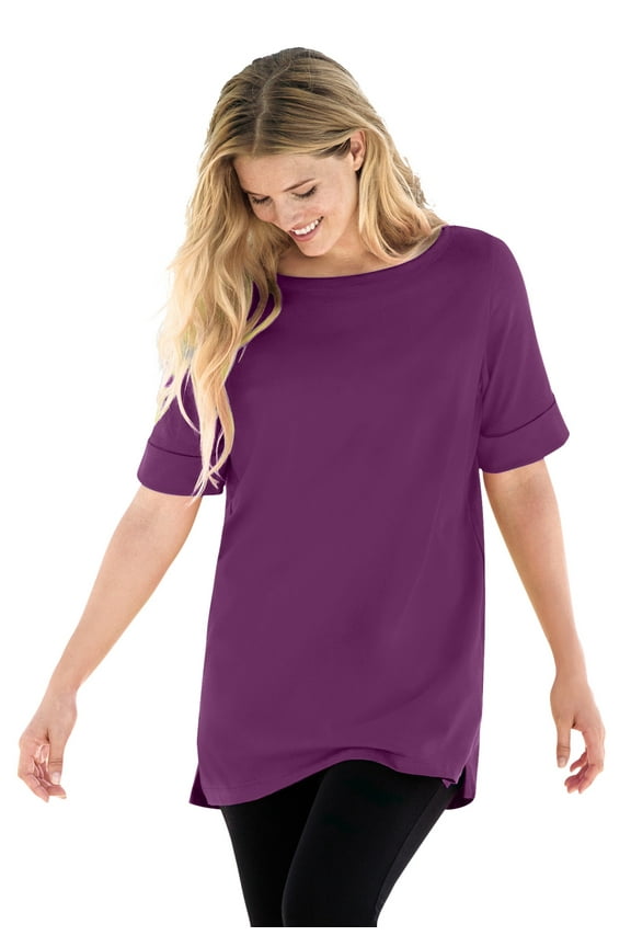 Plus Size Perfect Cuffed Elbow-Sleeve Boat-Neck Tee