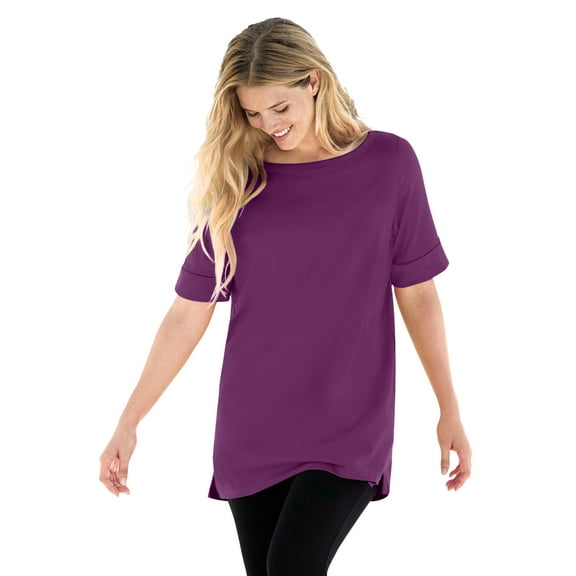 Woman Within Plus Size Perfect Cuffed Elbow-Sleeve Boat-Neck Tee