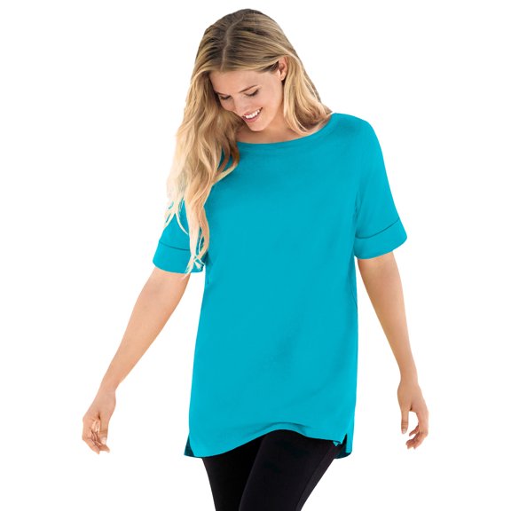 Woman Within Plus Size Perfect Cuffed Elbow-Sleeve Boat-Neck Tee