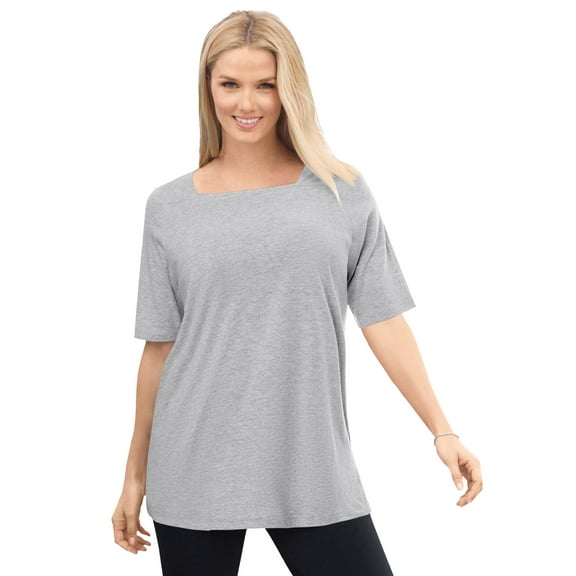 Woman Within Plus Size Perfect Elbow-Sleeve Square-Neck Tee