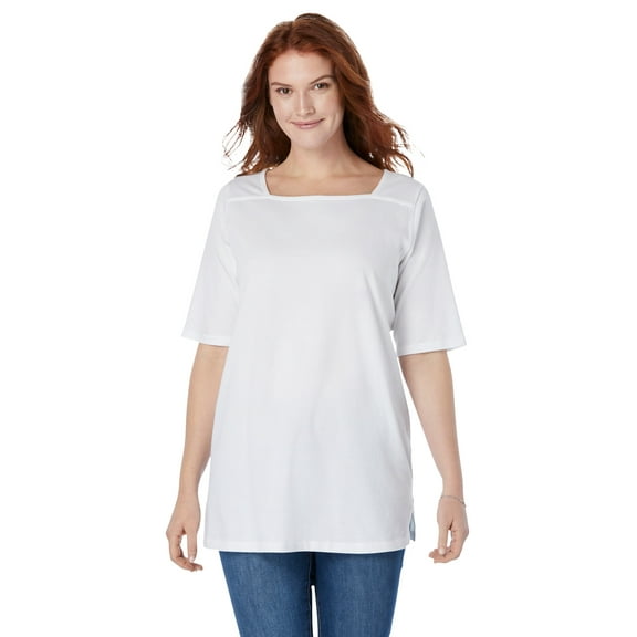 Woman Within Plus Size Perfect Elbow-Sleeve Square-Neck Tee
