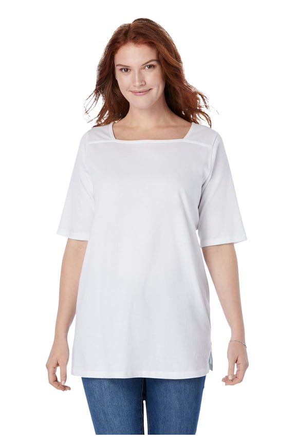 Plus Size Perfect Elbow-Sleeve Square-Neck Tee