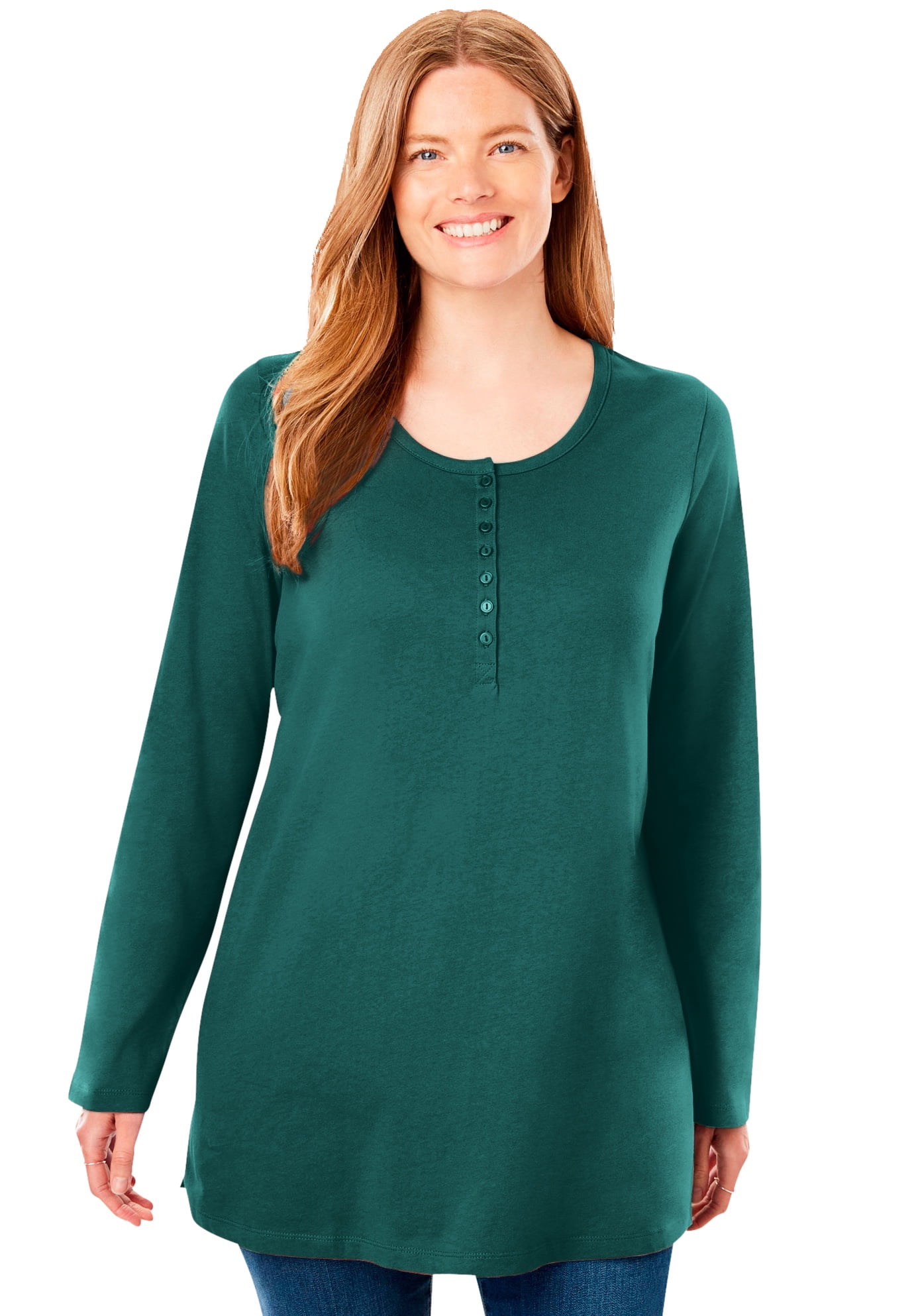 Woman Within Plus Size Long-Sleeve Henley Tee - Comfort Cotton Relaxed Fit