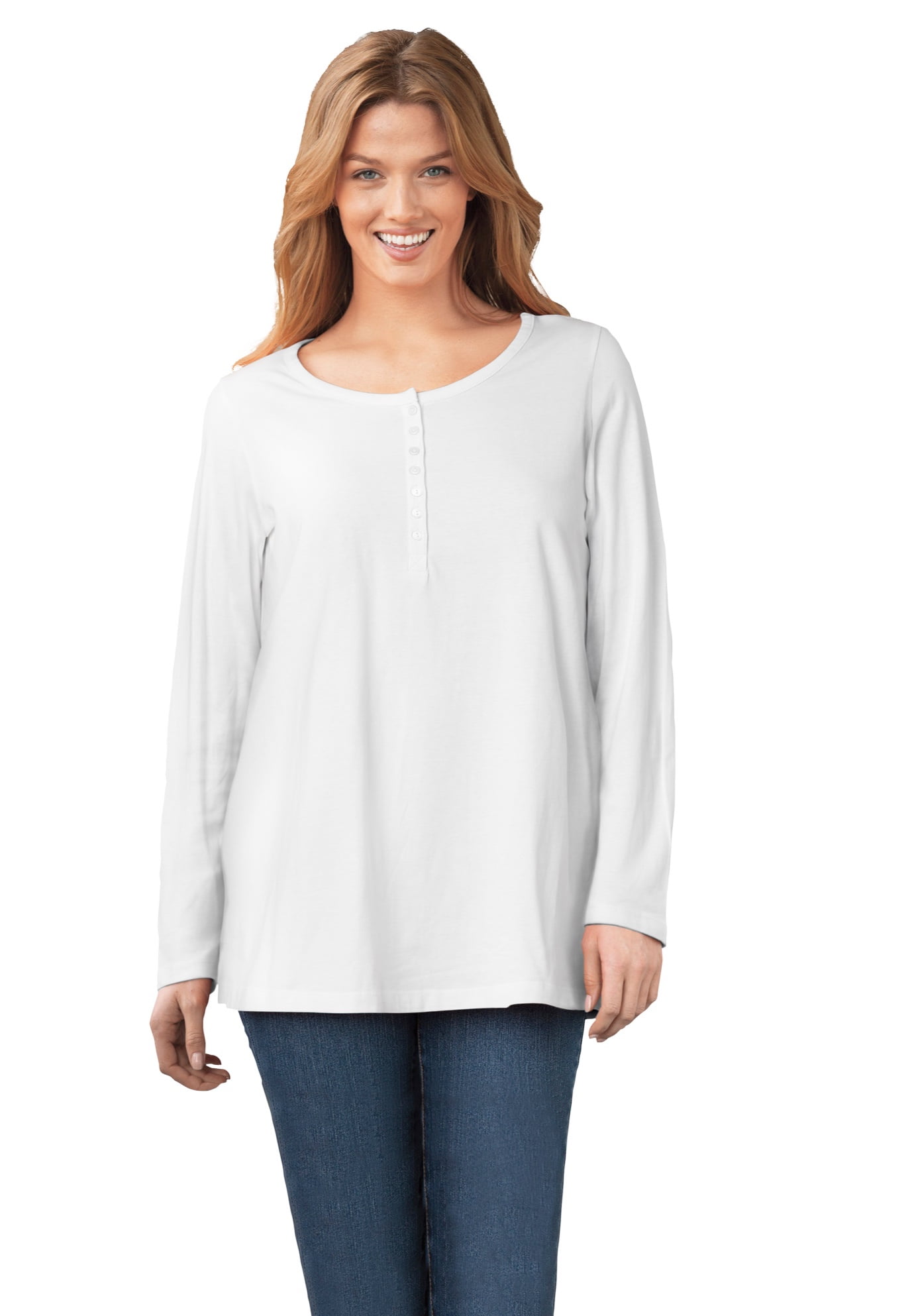 Woman Within Plus Size Long-Sleeve Henley Tee - Comfort Cotton Relaxed Fit
