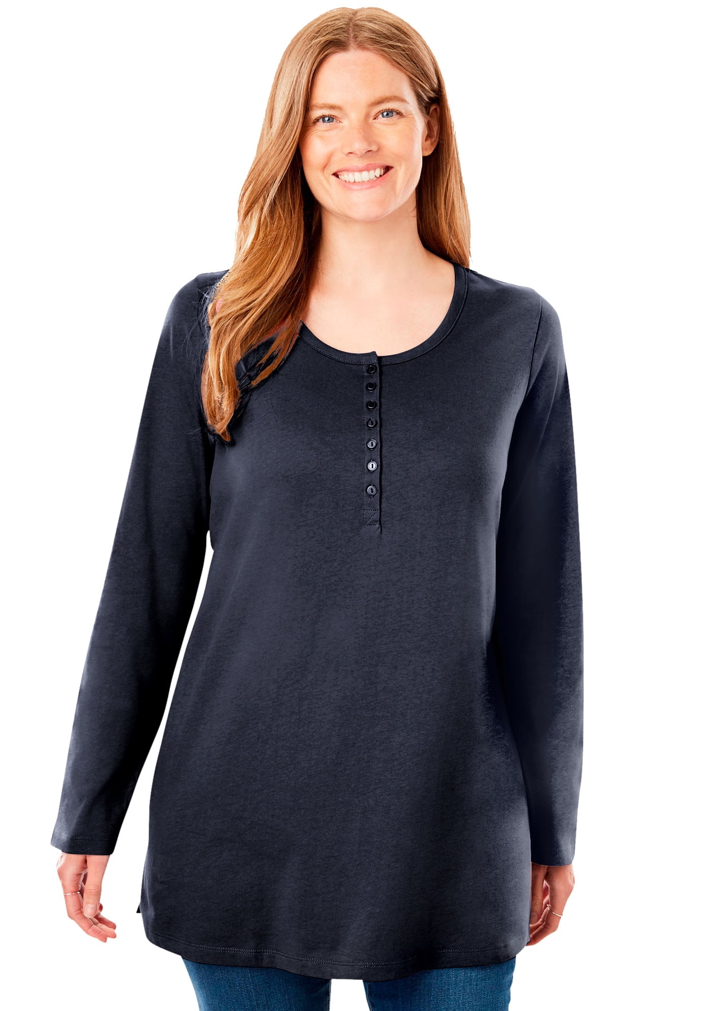 Woman Within Plus Size Long-Sleeve Henley Tee - Comfort Cotton Relaxed Fit