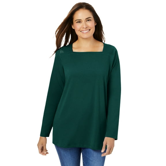 Woman Within Plus Size Perfect Long-Sleeve Square-Neck Tee
