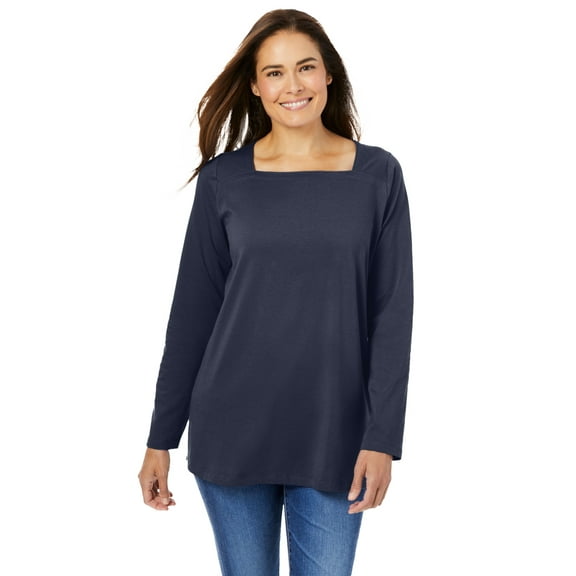 Woman Within Plus Size Perfect Long-Sleeve Square-Neck Tee