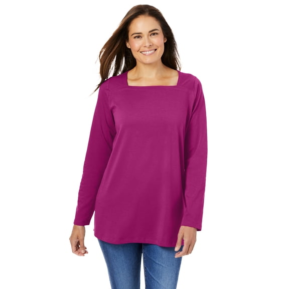 Woman Within Plus Size Perfect Long-Sleeve Square-Neck Tee