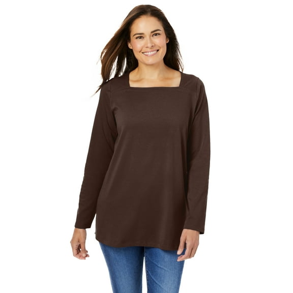 Woman Within Plus Size Perfect Long-Sleeve Square-Neck Tee