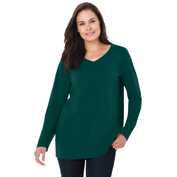 Woman Within Plus Size Perfect Long-Sleeve V-Neck Tee