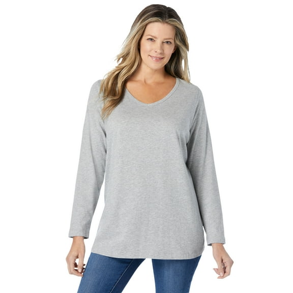 Woman Within Plus Size Perfect Long-Sleeve V-Neck Tee