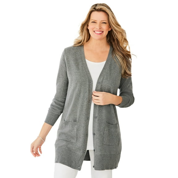 Woman Within Plus Size Perfect Longer-Length Cotton Cardigan Sweater