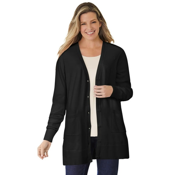 Woman Within Plus Size Perfect Longer-Length Cotton Cardigan Sweater