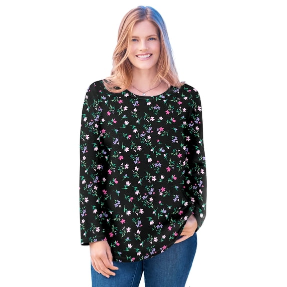 Woman Within Plus Size Perfect Printed Long-Sleeve Crewneck Tee