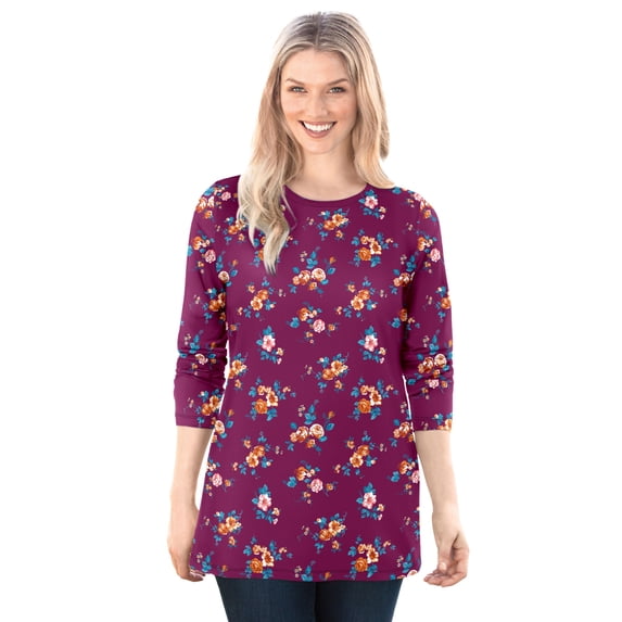 Woman Within Plus Size Perfect Printed Long-Sleeve Crewneck Tee