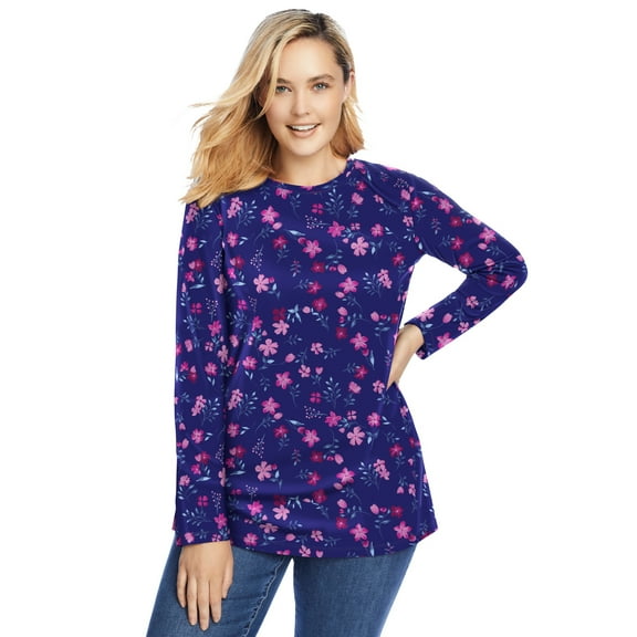 Woman Within Plus Size Perfect Printed Long-Sleeve Crewneck Tee