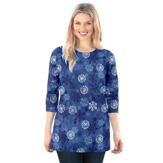 Woman Within Plus Size Perfect Printed Long-Sleeve Crewneck Tee