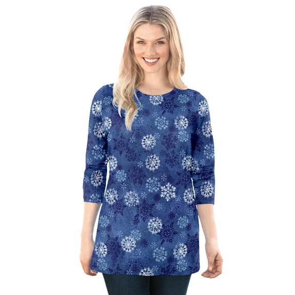 Woman Within Plus Size Perfect Printed Long-Sleeve Crewneck Tee