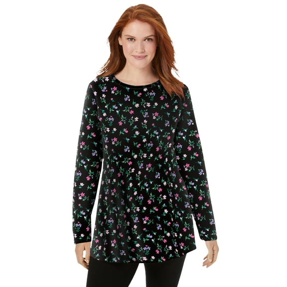 Woman Within Plus Size Perfect Printed Long-Sleeve Crewneck Tunic