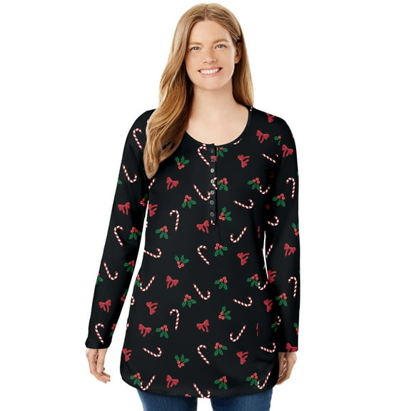 Woman Within Plus Size Perfect Printed Long-Sleeve Henley Tee