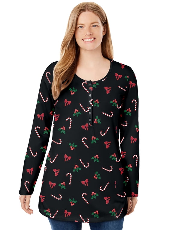 Plus Size Perfect Printed Long-Sleeve Henley Tee