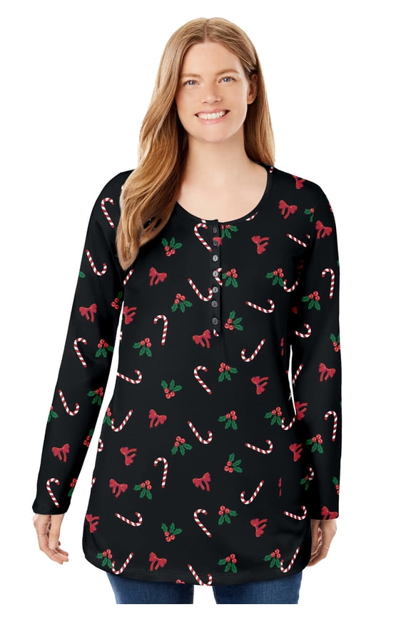 Plus Size Perfect Printed Long-Sleeve Henley Tee