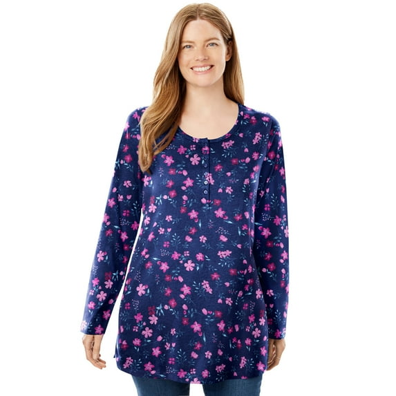 Woman Within Plus Size Perfect Printed Long-Sleeve Henley Tee