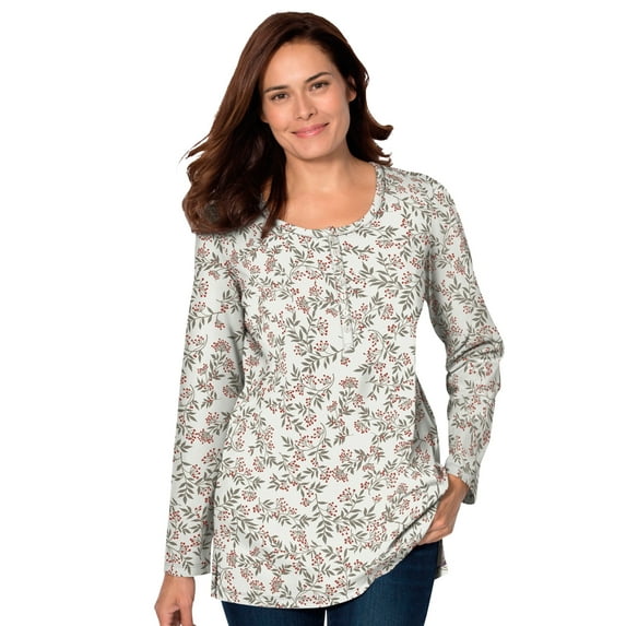 Woman Within Plus Size Perfect Printed Long-Sleeve Henley Tee