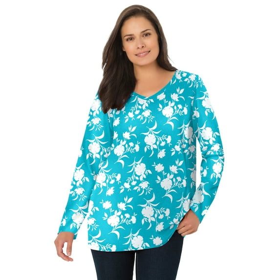 Woman Within Women's Plus Size Perfect Printed Long-Sleeve V-Neck Tee