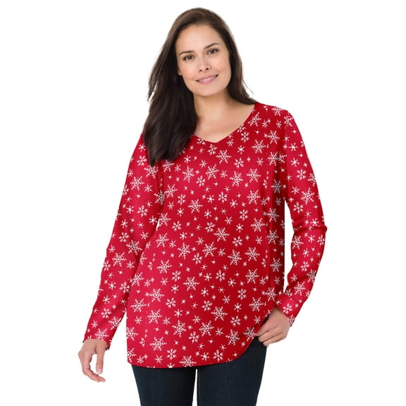 Woman Within Plus Size Perfect Printed Long-Sleeve V-Neck Tee