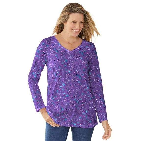 Woman Within Plus Size Perfect Printed Long-Sleeve V-Neck Tee