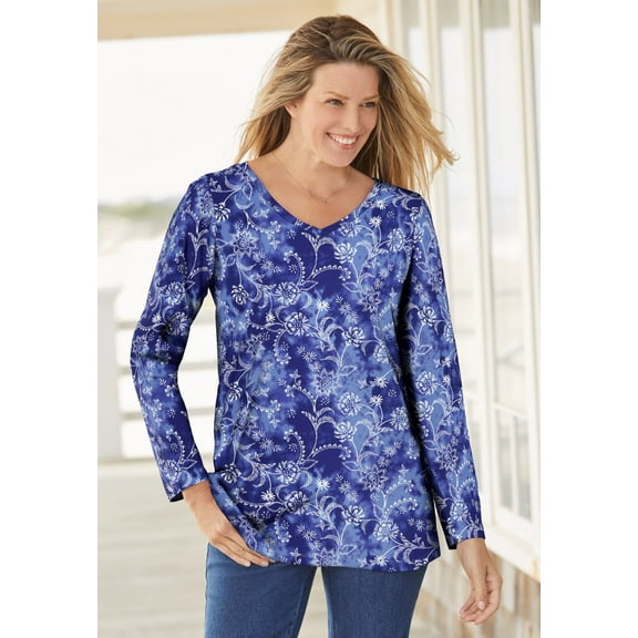 Woman Within Plus Size Perfect Printed Long-Sleeve V-Neck Tee